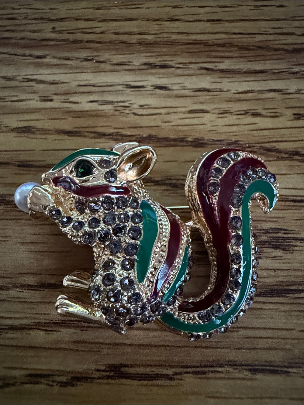 Green & Maroon Crystal Squirrel Brooch - Gold-Tone Accent
